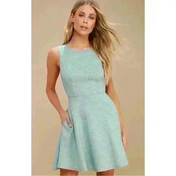 LULUS Winsome Mint Blue Backless Open Back Skater Mini Dress Pockets Size Medium - Picture 12 of 13